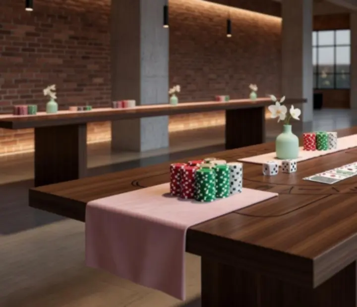 Elegantní tematická výzdoba a dekorace ve stylu casino motivu v industriálním prostoru