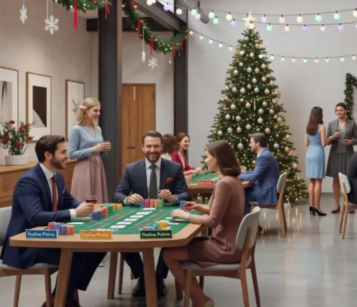 Vánoční firemní večírek v duchu casino party s hosty v elegantním prostoru