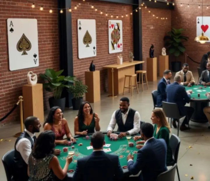 Koláž fotografií z tematických eventů, pokerových večerů a společenských akcí v industriálním prostředí