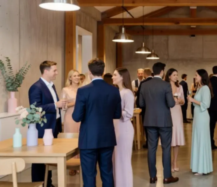 Moderní event v industriálním prostoru s hosty u tematických stolů