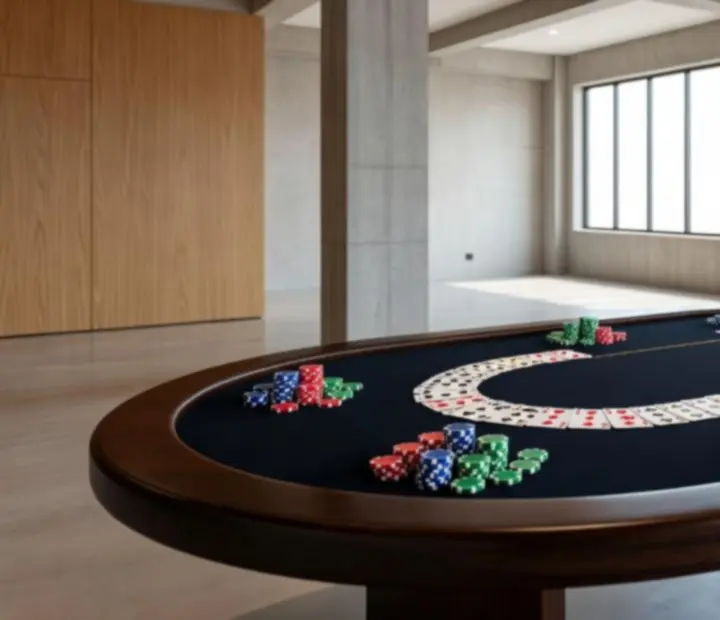 Detail pokerového stolu, žetonů a výbavy v moderním světlém prostoru