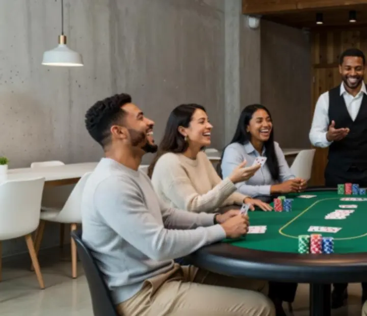 Skupina hostů u pokerového stolu během společenského večera